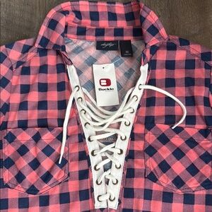 Daytrip Pink and Blue Plaid Lace-Up Top